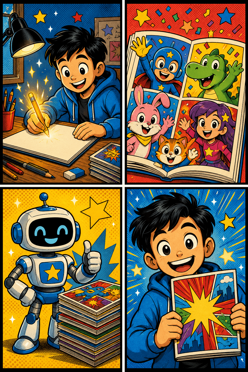 A free comic page made with Comic Maker — four panels in classic comic book art style